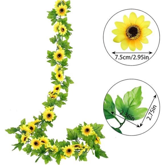 8pcs 60ft Artificial Sunflower Garlands Silk Yellow Sunflower Vines with Leaves - Picture 3 of 7